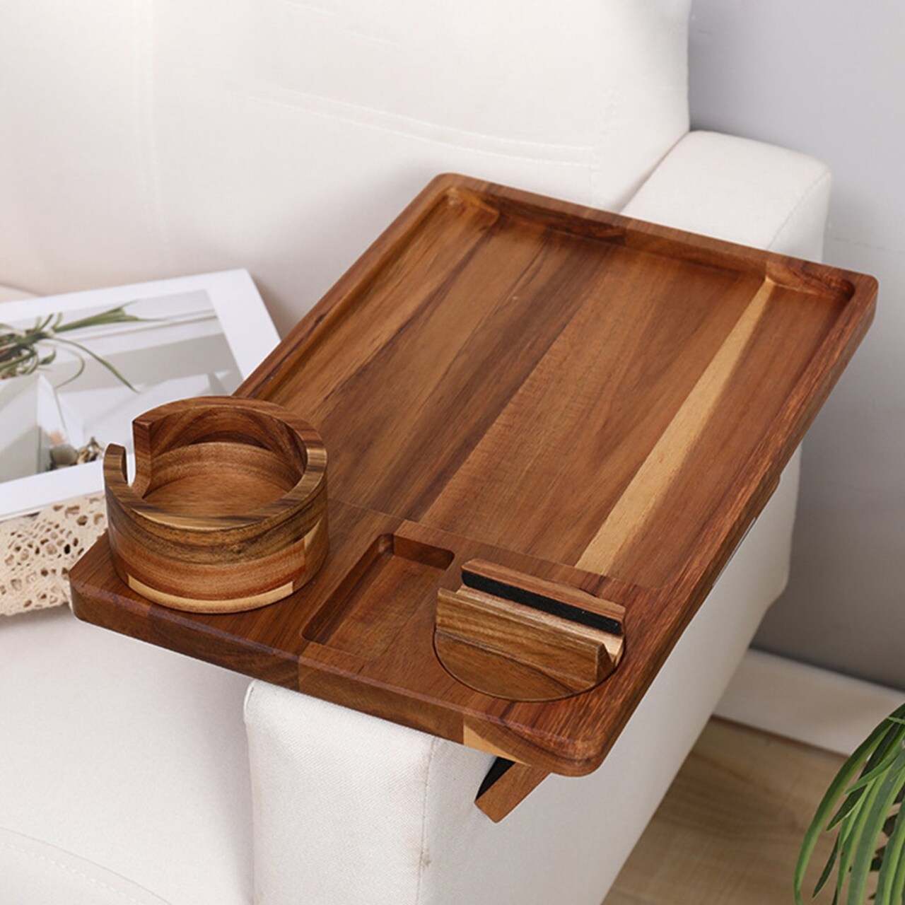 Sofa Food Tray With Cup Holder Phone Mount High Stability Smooth Edge Minimalist Style 3-In-1 Clip-On Tray Drink Holder